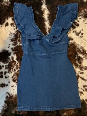 Flying Tomato Dark Blue Ruffled V-Neck Denim Mini Dress